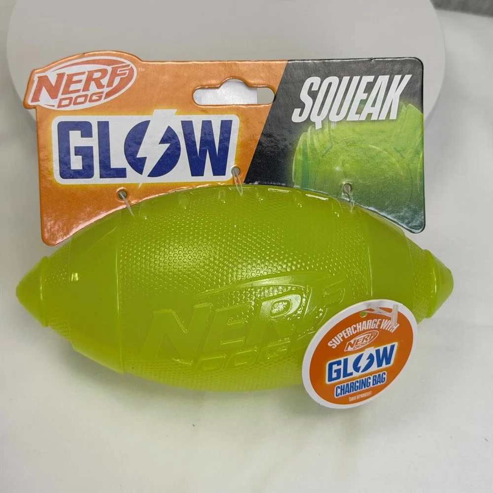 Nerf Dog Glow Squeak Football Toy Lime Green Glow in the Dark NF-2584 New